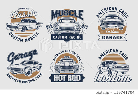 Custom cars. Emblems with muscle cars customizing service mechanic workers recent vector stylized logos set Custom cars. Emblems with muscle cars customizing service mechanic workers recent vector stylized logos set 119741704