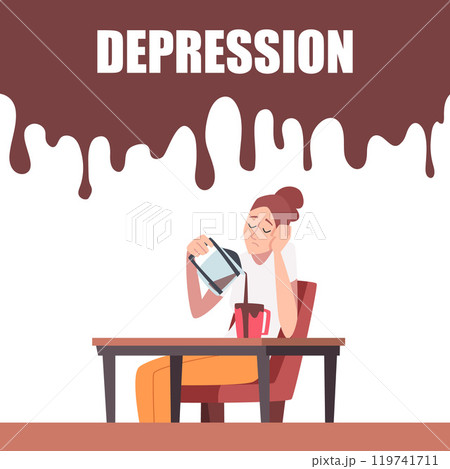 depression. woman in office sitting at workplace and drink coffee. concept illustration of low energy manager 119741711