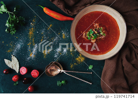 Traditional Georgian dish, spicy tomato , Kharcho soup, on a dark background, no people, top view, 119741714