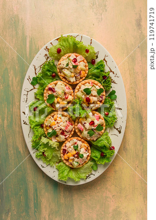 canapes with salad, corn with crab sticks, appetizer, portioned, close-up, no people, 119741719
