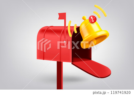 Postage box with notification bell. 3d vector illustration Postage box with notification bell. 3d vector illustration 119741920