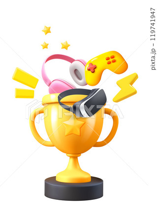 Golden cup with video game entertainment icons. 3d vector illustration isolated on white background 119741947