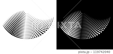 Halftone circle part, abstract dots logo emblem design element for any project. A black figure on a white background and an equally white figure on the black side. 119742040