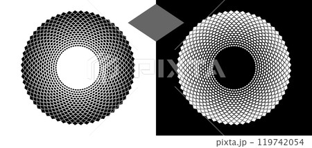 Abstract background with rhombuses in circle. Art design circle as logo or icon. A black figure on a white background and an equally white figure on the black side. 119742054
