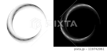 Modern abstract background. Halftone dots in circle form. Spiral logo, icon or design element. Black dots on a white background and white dots on the black side. 119742061
