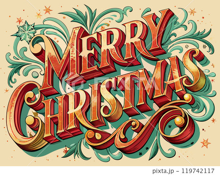 Merry Christmas lettering in vintage style. Grungy Xmas greeting typography insignia and label for any use 119742117