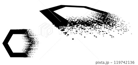 Hexagon with glitch halftone texture. Black shape on a white background normal and perspective view. 119742136