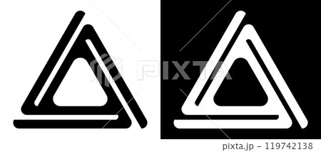 Triangle with double lines as logo, icon or design element. Black shape on a white background and the same white shape on the black side. 119742138