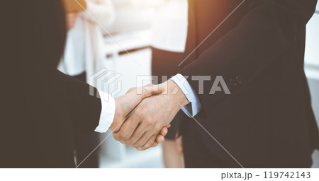 Businessman and woman shaking hands with colleagues at the background. Handshake at meeting in sunny office 119742143