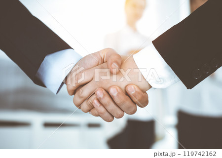 Businessman and woman shaking hands with colleagues at the background. Handshake at meeting in sunny office Businessman and woman shaking hands with colleagues at the background. Handshake at meeting in sunny office 119742162