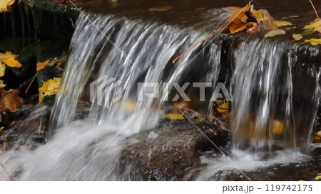 Waterfall cascading down rocky terrain, with yellow leaves drifting on the water and foam forming at the base. A calm, seasonal moment in the heart of nature. Waterfall cascading down rocky terrain, with yellow leaves drifting on the water and foam forming at the base. A calm, seasonal moment in the heart of nature. 119742175