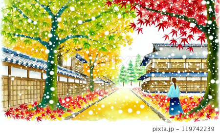 水彩画風イラスト：武家屋敷の紅葉と初雪を眺める女性のイラスト素材 [119742239] - PIXTA