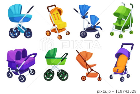 Cartoon baby carts. Toddler stroller, cart and pushchairs. Child safety transportation, single and twins trolley. Infants accessories, nowaday vector set 119742329