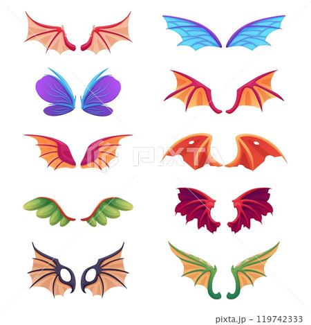 Dragon wings. Magical fairytale wing of dragons bat pegasus or mythical creatures. Isolated fantasy cartoon flying elements, nowaday vector set Dragon wings. Magical fairytale wing of dragons bat pegasus or mythical creatures. Isolated fantasy cartoon flying elements, nowaday vector set 119742333