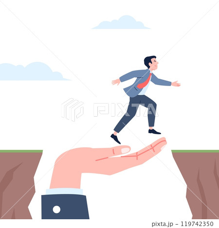 Career jump help. Hand of supporting in business or work progress. Man jumping over hole with helping of boss, job support recent vector scene Career jump help. Hand of supporting in business or work progress. Man jumping over hole with helping of boss, job support recent vector scene 119742350