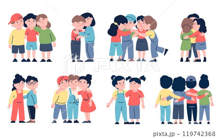 Kids friends hugs. Warming friendly hug between little children. Kindergarten or preschool friendship. Toddlers support each other recent vector set 119742368