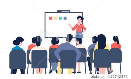 Student on lecture in college or university. Business training for office workers or young entrepreneurs. Female teacher, speaker stang near board, vector scene 119742372