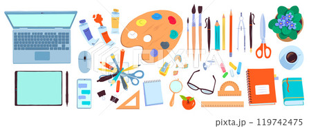 Digital artists workplace with laptop Digital artists workplace with laptop 119742475