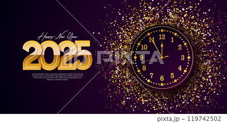 Happy New Year 2025 Banner Illustration with Gold Number and Clock on Dark Glittered Background. Holiday Design with Typography Lettering for Flyer, Greeting Card, Celebration Poster, Party invitation Happy New Year 2025 Banner Illustration with Gold Number and Clock on Dark Glittered Background. Holiday Design with Typography Lettering for Flyer, Greeting Card, Celebration Poster, Party invitation 119742502