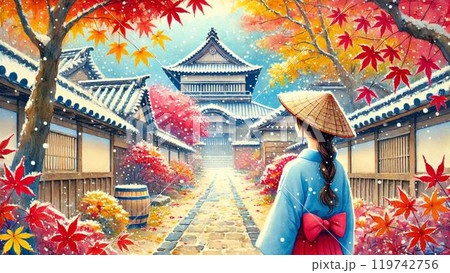 水彩画風イラスト：紅葉と初雪を眺める後ろ姿の女性 119742756