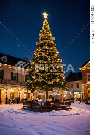 【2:3版】大きなクリスマスツリーが飾られた雪降る夜の都会　X'mas　メリークリスマス　デート 119742808