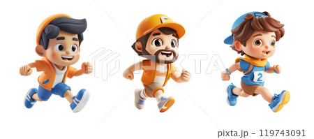 Three animated characters, wearing colorful outfits, enthusiastically run together in a lively outdoor setting filled with energy and joy, showcasing their spirit of adventure. 119743091