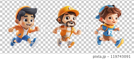Three animated characters, wearing colorful outfits, enthusiastically run together in a lively outdoor setting filled with energy and joy, showcasing their spirit of adventure. 119743091