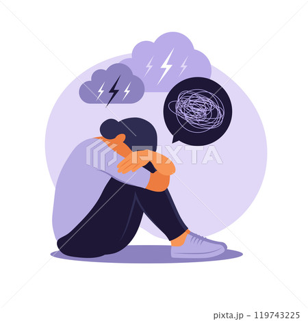 Woman in depression with bewildered thoughts in her mind. Young sad girl sitting in window and hugging her knees. Flat style Woman in depression with bewildered thoughts in her mind. Young sad girl sitting in window and hugging her knees. Flat style 119743225