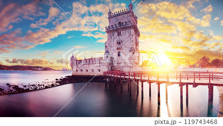 Scenic Belem tower and sunset landscape.Historical building. 119743468