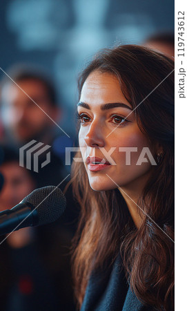 Female political candidate addressing the media during an event 119743612