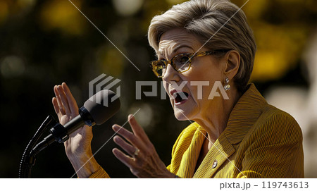 Senior female politician addressing a crowd outdoors 119743613