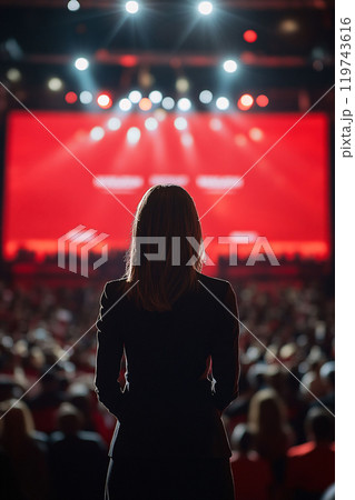 A back view Female Candidate Speaking at Large Event 119743616