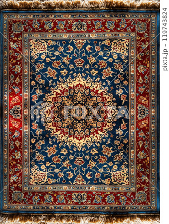 Traditional Persian carpet with bold floral medallion Traditional Persian carpet with bold floral medallion 119743824