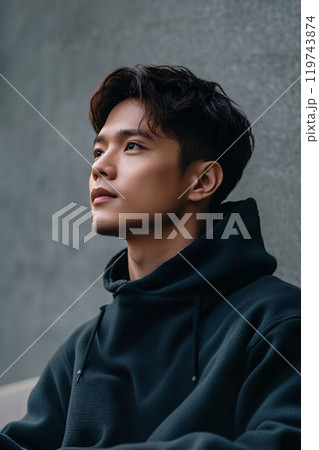 Contemplative Portrait of Asian Man in Urban Setting Contemplative Portrait of Asian Man in Urban Setting 119743874