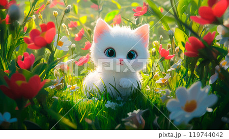 White Kitten In A Meadow Surrounded By Big...のイラスト素材 [119744042] - PIXTA