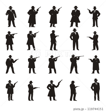 Mafia Silhouettes Icons Set Various Characters Gangsters Bosses Associates In Distinct Poses Accessories Like Hats Guns Illustrations Related Crime Organized Themes Mafia Culture 119744151