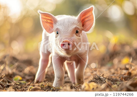 Cute piglet in farm. Happy and healthy small pig. Livestock farming. Cute piglet in farm. Happy and healthy small pig. Livestock farming. 119744266