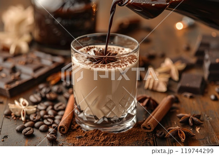 Pouring chocolate drink with coffee beans 119744299