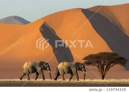 Two elephants walking in namib desert at sunrise with orange sand dunes 119744329