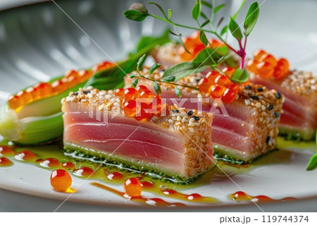 Sesame crusted tuna served with fresh vegetables and caviar Sesame crusted tuna served with fresh vegetables and caviar 119744374