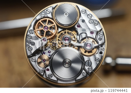 Intricate clockwork mechanism showing precision engineering and craftsmanship 119744441