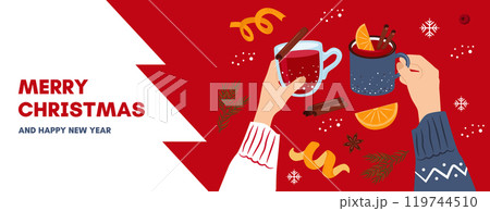 Merry Christmas banner. Group of people drinking winter drinks. People celebrate Christmas and New Year together. Hands hold glasses of mulled wine. Merry Christmas banner. Group of people drinking winter drinks. People celebrate Christmas and New Year together. Hands hold glasses of mulled wine. 119744510
