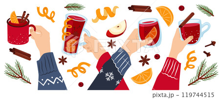 Stock vector mulled wine. Winter drinks. Hands with mug, glass, cup with wine. Fruits and spices. Vector illustration set. Stock vector mulled wine. Winter drinks. Hands with mug, glass, cup with wine. Fruits and spices. Vector illustration set. 119744515