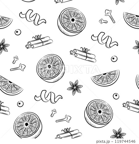 Ingredients for mulled wine. Orange, star anise, cinnamon, cloves. Seamless pattern on white background. Ingredients for mulled wine. Orange, star anise, cinnamon, cloves. Seamless pattern on white background. 119744546