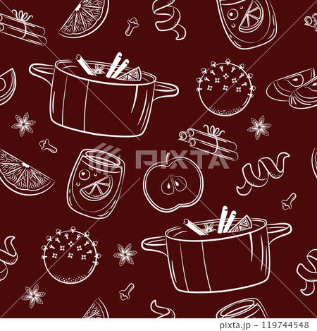 Mulled wine ingredients. Orange, star anise, apple, cinnamon, cloves. Seamless pattern on maroon background. Mulled wine ingredients. Orange, star anise, apple, cinnamon, cloves. Seamless pattern on maroon background. 119744548