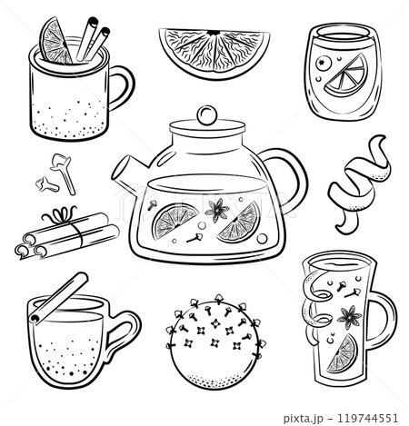 Winter drinks. Mulled wine ingredients. Punch in cup, mug, pot. Red wine, citrus, spices. Vector sketch style set. 119744551