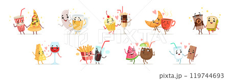 Funny Food Friends Together Enjoy and Have Fun Vector Set 119744693
