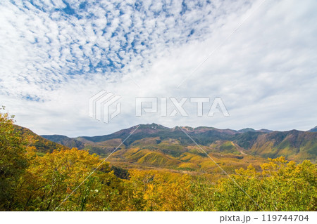 秋の乗鞍岳と乗鞍高原（上高地乗鞍スーパー林道からの眺め） 119744704