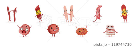 Humanized Meat Product Character with Face and Arms Vector Set 119744730