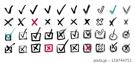 Cartoon Color Different Doodle Hand Drawn Check Mark Set. Vector illustration of Correct or Incorrect Symbol Cartoon Color Different Doodle Hand Drawn Check Mark Set. Vector illustration of Correct or Incorrect Symbol 119744751